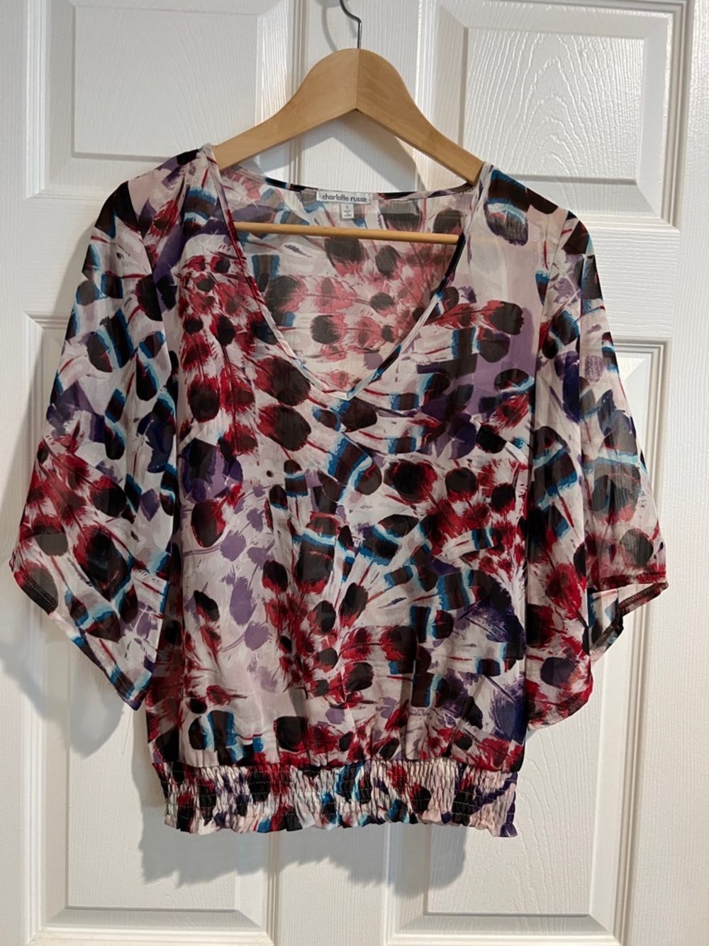 Charlotte Russe Sheer V-Neck Blouse in Multi-Color Abstract Print